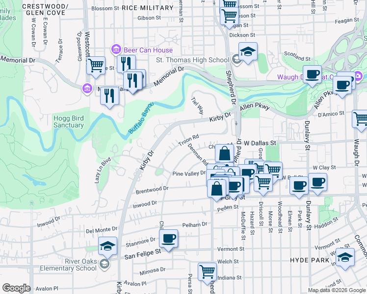 map of restaurants, bars, coffee shops, grocery stores, and more near 2211 Troon Road in Houston