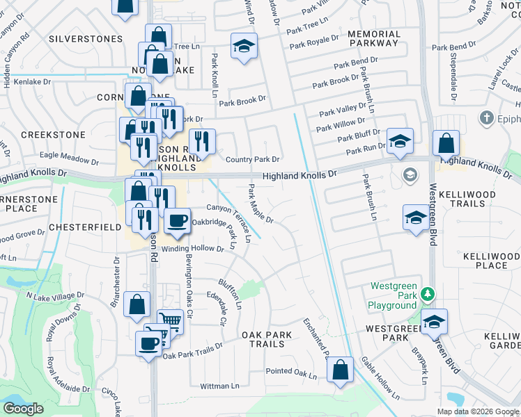 map of restaurants, bars, coffee shops, grocery stores, and more near 1707 Park Maple Drive in Katy