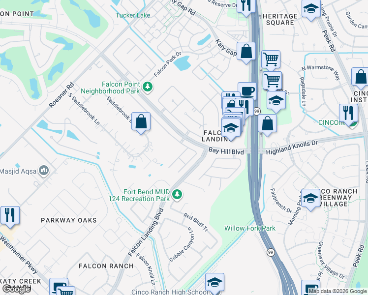 map of restaurants, bars, coffee shops, grocery stores, and more near 1606 Fossil Park Dr in Katy