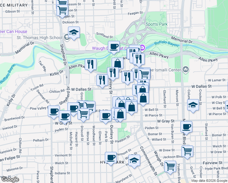 map of restaurants, bars, coffee shops, grocery stores, and more near 3410 West Dallas Street in Houston