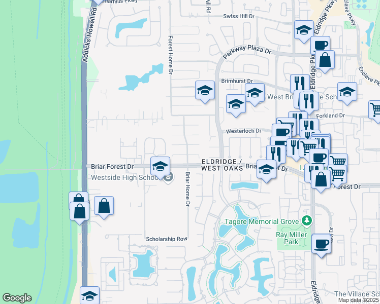 map of restaurants, bars, coffee shops, grocery stores, and more near 14138 Glasgow Place in Houston