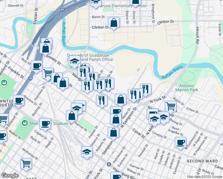 map of restaurants, bars, coffee shops, grocery stores, and more near 2903 Engelke Street in Houston