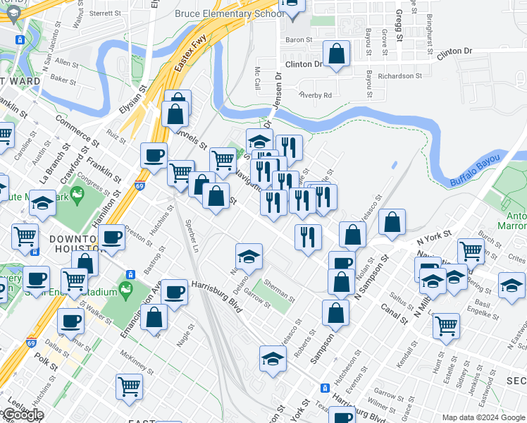 map of restaurants, bars, coffee shops, grocery stores, and more near 2511 Canal Street in Houston