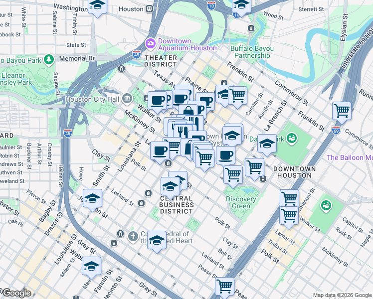 map of restaurants, bars, coffee shops, grocery stores, and more near in Houston