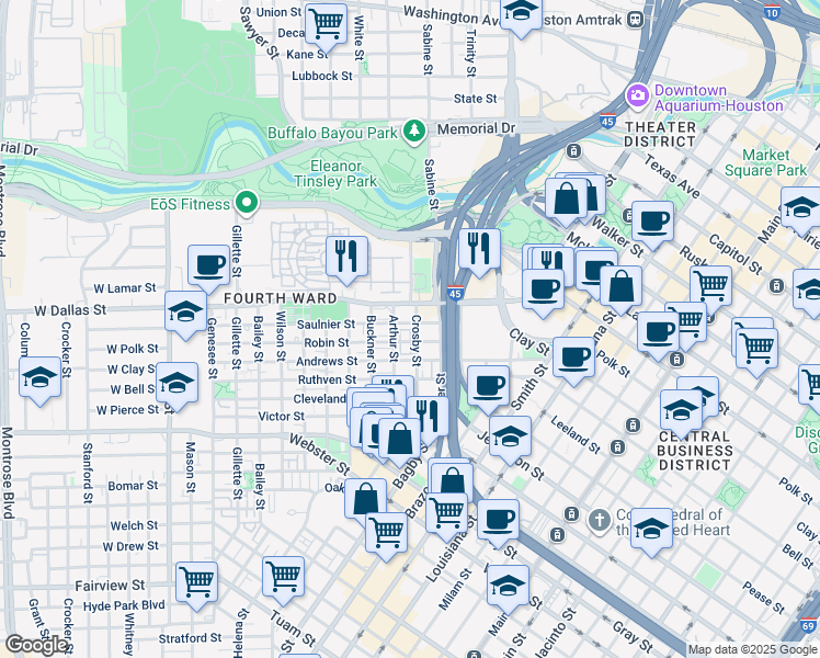 map of restaurants, bars, coffee shops, grocery stores, and more near 803 Saulnier Street in Houston