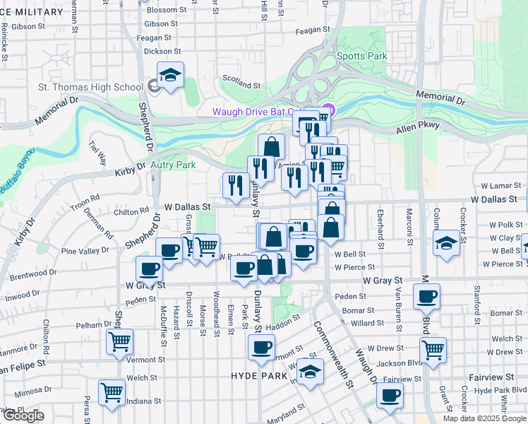 map of restaurants, bars, coffee shops, grocery stores, and more near 3410 West Dallas Street in Houston