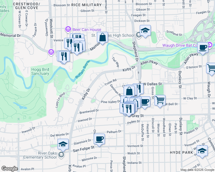 map of restaurants, bars, coffee shops, grocery stores, and more near 2211 Troon Road in Houston