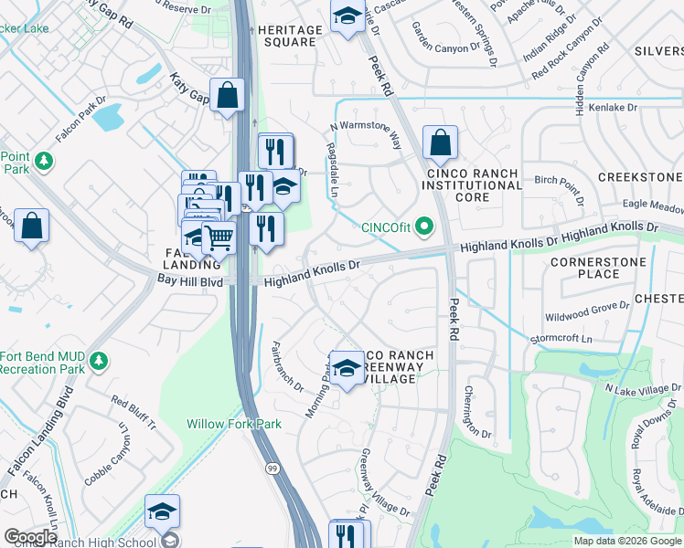 map of restaurants, bars, coffee shops, grocery stores, and more near 23214 Grand Meadows Drive in Katy