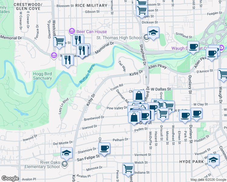 map of restaurants, bars, coffee shops, grocery stores, and more near 2211 Troon Road in Houston