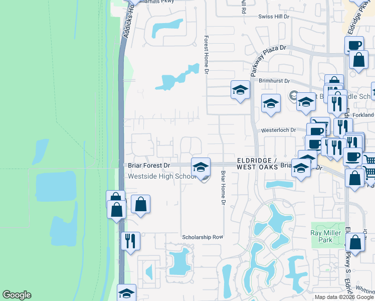 map of restaurants, bars, coffee shops, grocery stores, and more near 14504 Briar Forest Drive in Houston