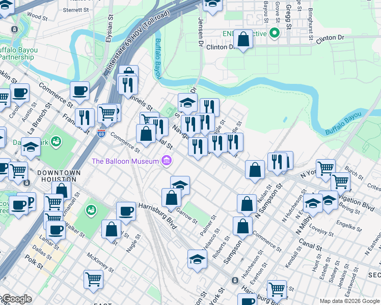 map of restaurants, bars, coffee shops, grocery stores, and more near 2511 Canal Street in Houston