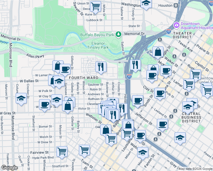 map of restaurants, bars, coffee shops, grocery stores, and more near 839 Saulnier Street in Houston