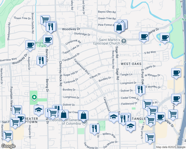 map of restaurants, bars, coffee shops, grocery stores, and more near 5492 Tilbury Drive in Houston