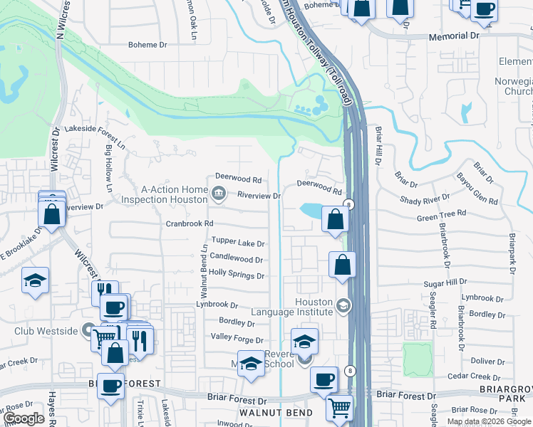 map of restaurants, bars, coffee shops, grocery stores, and more near 400 Blue Willow Drive in Houston