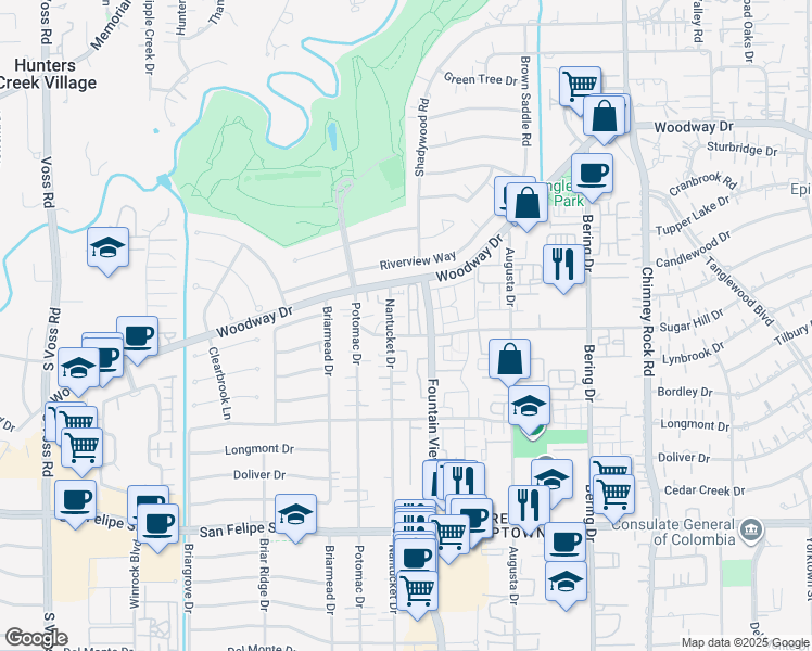 map of restaurants, bars, coffee shops, grocery stores, and more near 1025 Nantucket Drive in Houston