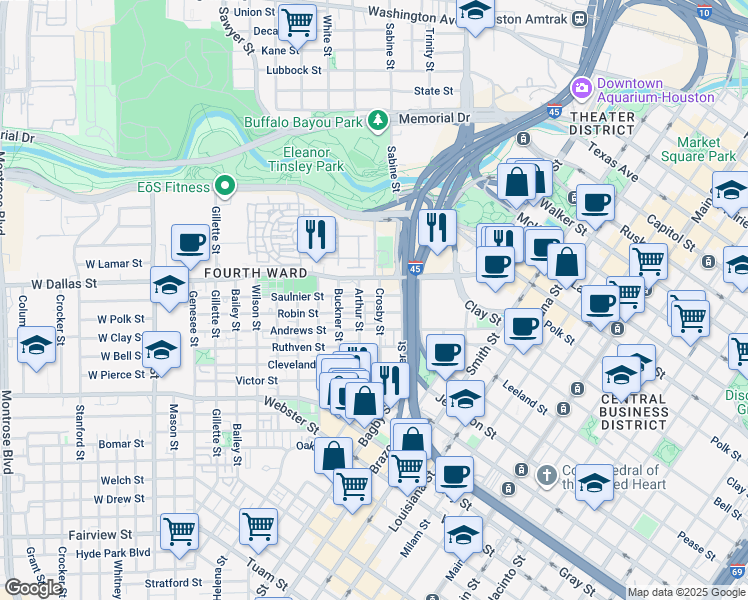 map of restaurants, bars, coffee shops, grocery stores, and more near 803 Saulnier Street in Houston