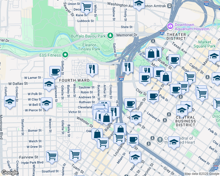 map of restaurants, bars, coffee shops, grocery stores, and more near 803 Saulnier Street in Houston
