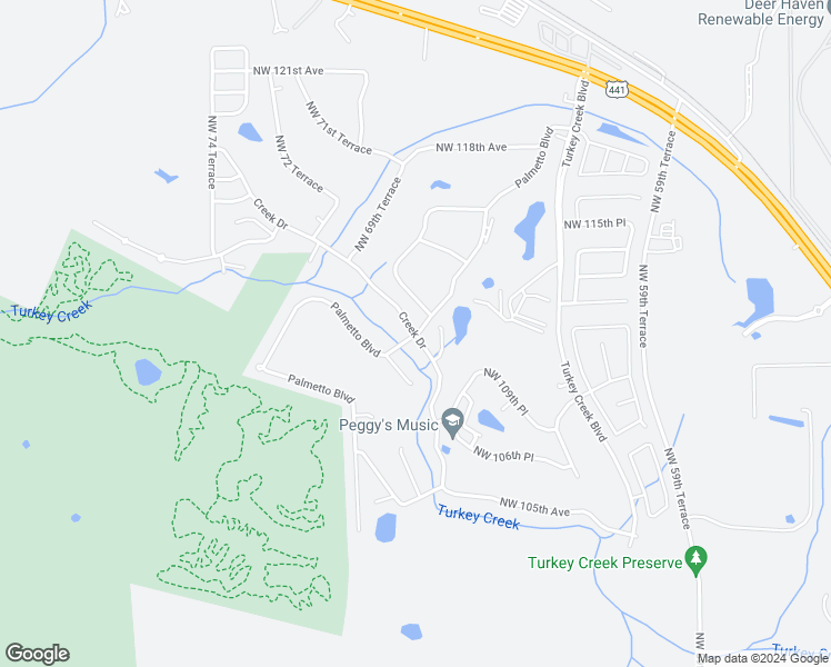 map of restaurants, bars, coffee shops, grocery stores, and more near 11101 Creek Drive West in Alachua