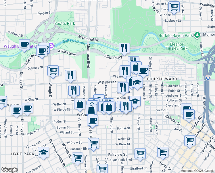 map of restaurants, bars, coffee shops, grocery stores, and more near 1013 Crocker Street in Houston