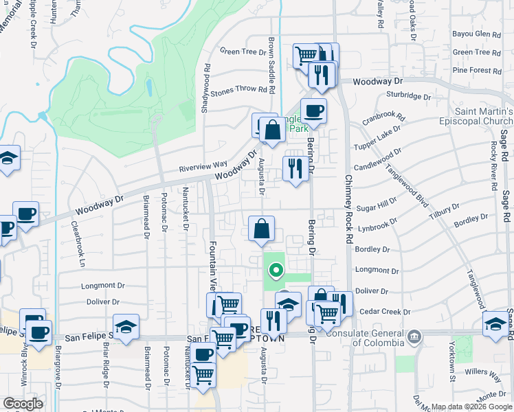 map of restaurants, bars, coffee shops, grocery stores, and more near 1075 Augusta Drive in Houston