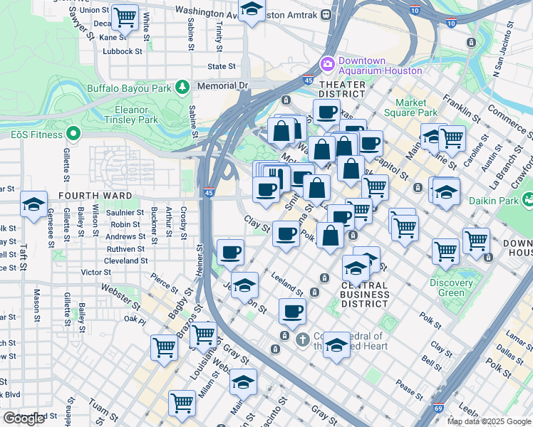 map of restaurants, bars, coffee shops, grocery stores, and more near 1200 Smith Street in Houston