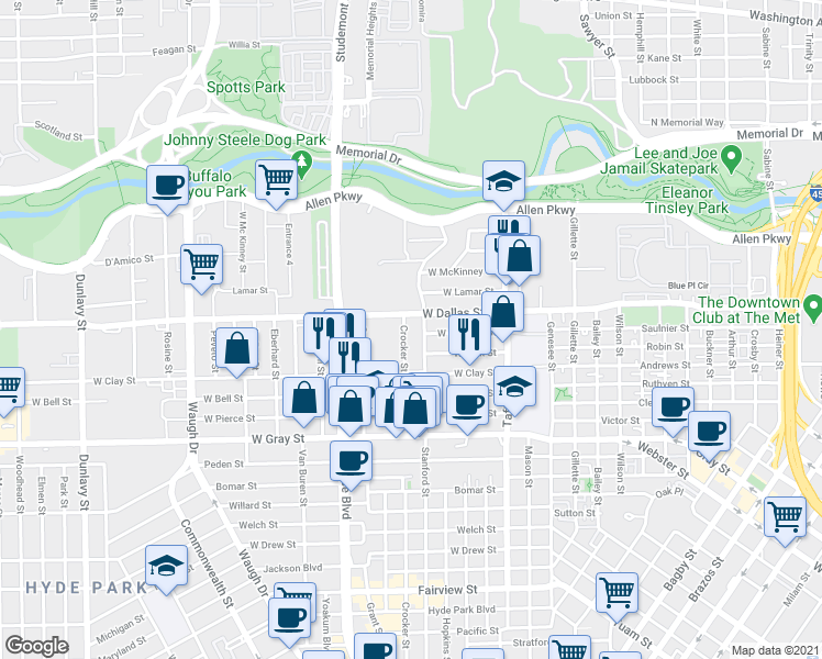 map of restaurants, bars, coffee shops, grocery stores, and more near 1013 Crocker Street in Houston