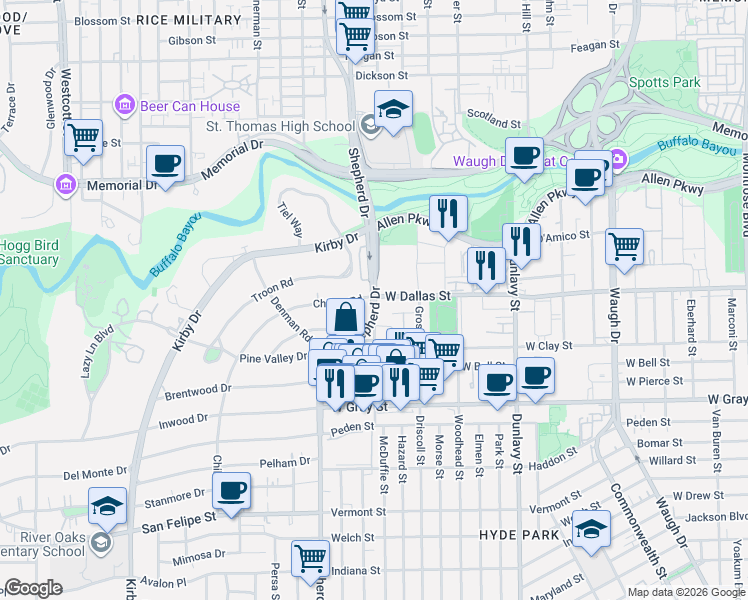 map of restaurants, bars, coffee shops, grocery stores, and more near in Houston
