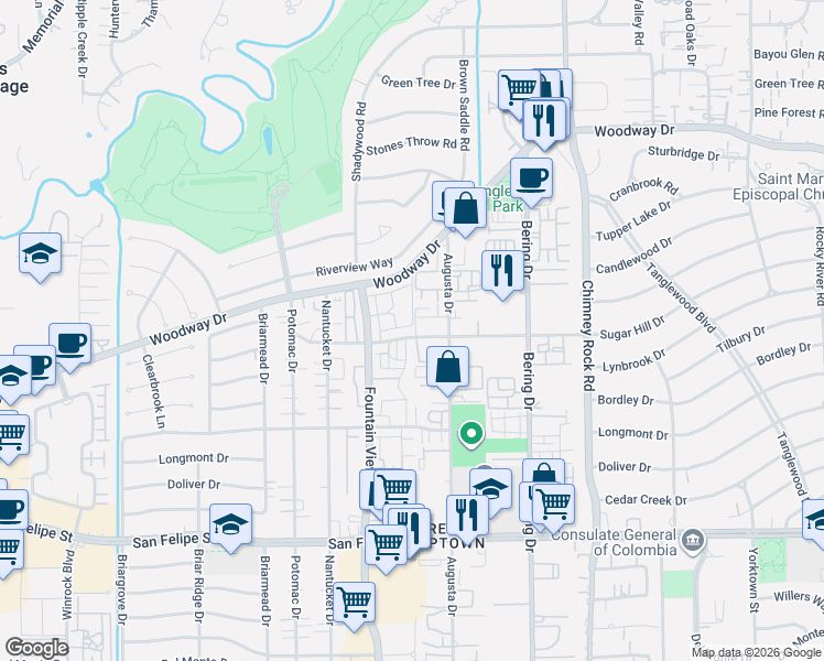 map of restaurants, bars, coffee shops, grocery stores, and more near 1052 Sugar Hill Drive in Houston