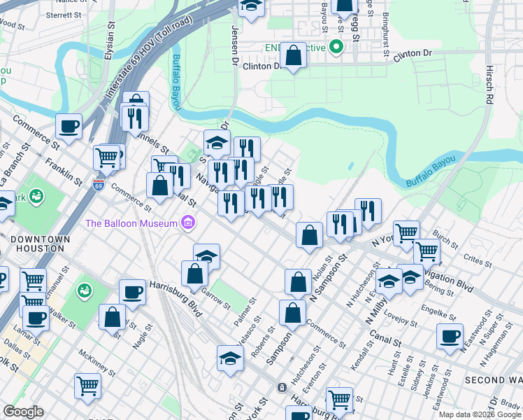 map of restaurants, bars, coffee shops, grocery stores, and more near 2805 Navigation Boulevard in Houston