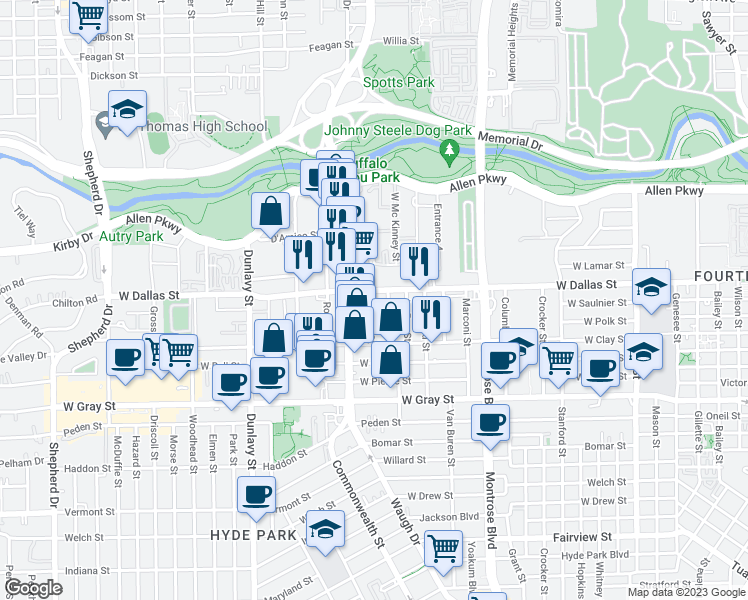 map of restaurants, bars, coffee shops, grocery stores, and more near 1001 Peveto Street in Houston