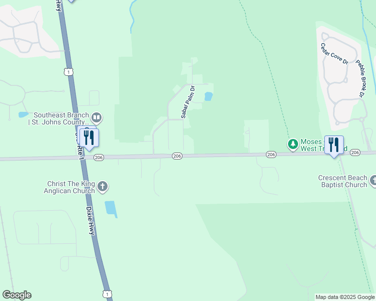map of restaurants, bars, coffee shops, grocery stores, and more near 6798 Sabal Palm Drive in St. Augustine