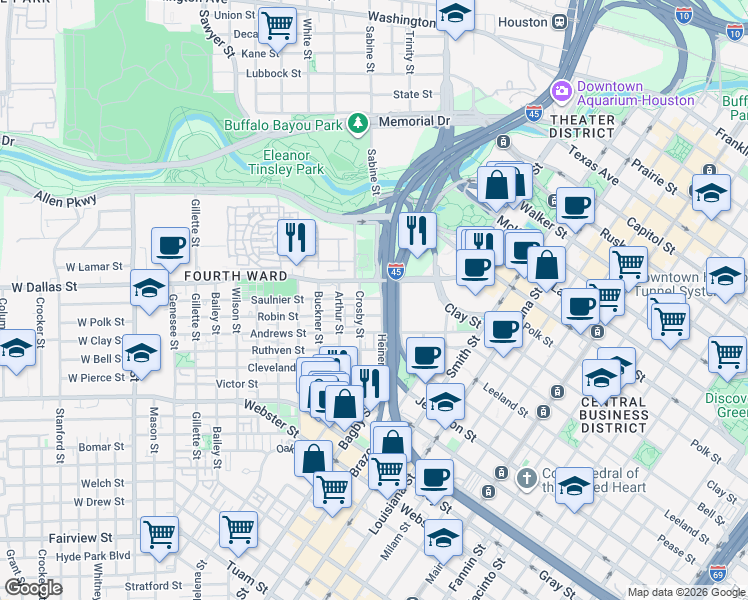 map of restaurants, bars, coffee shops, grocery stores, and more near 707 Saulnier Street in Houston