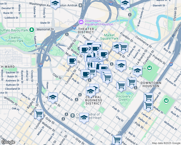 map of restaurants, bars, coffee shops, grocery stores, and more near 1000 Main Street in Houston