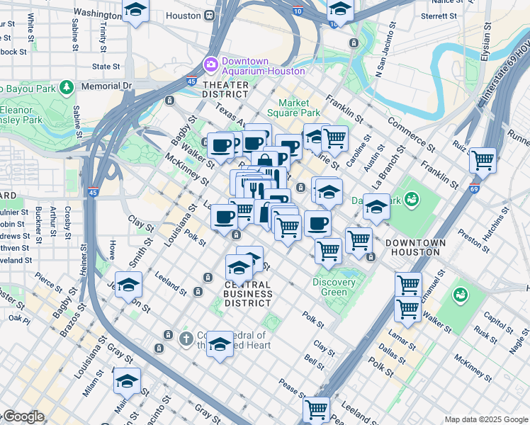 map of restaurants, bars, coffee shops, grocery stores, and more near 1001 McKinney Street in Houston