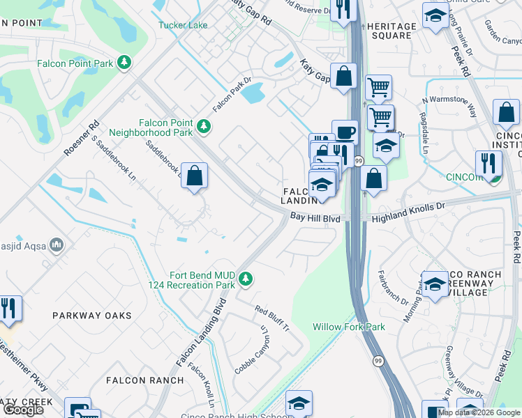 map of restaurants, bars, coffee shops, grocery stores, and more near 1606 Fossil Park Drive in Katy
