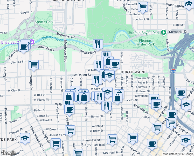map of restaurants, bars, coffee shops, grocery stores, and more near 314 West Saulnier Street in Houston