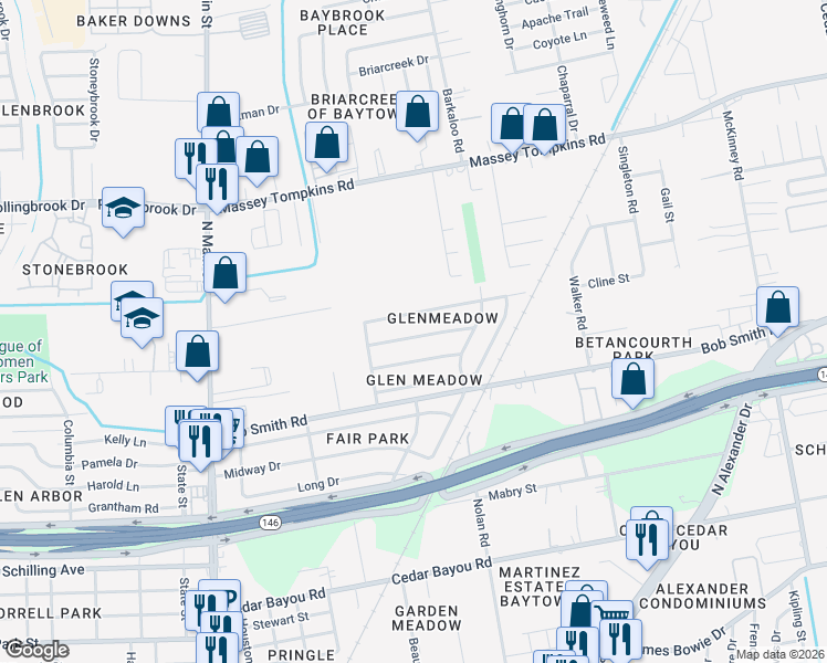map of restaurants, bars, coffee shops, grocery stores, and more near 700 Meadowick Drive in Baytown