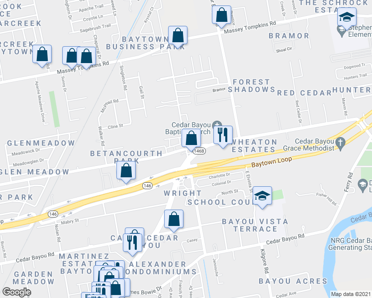 map of restaurants, bars, coffee shops, grocery stores, and more near 1847 Bob Smith Road in Baytown
