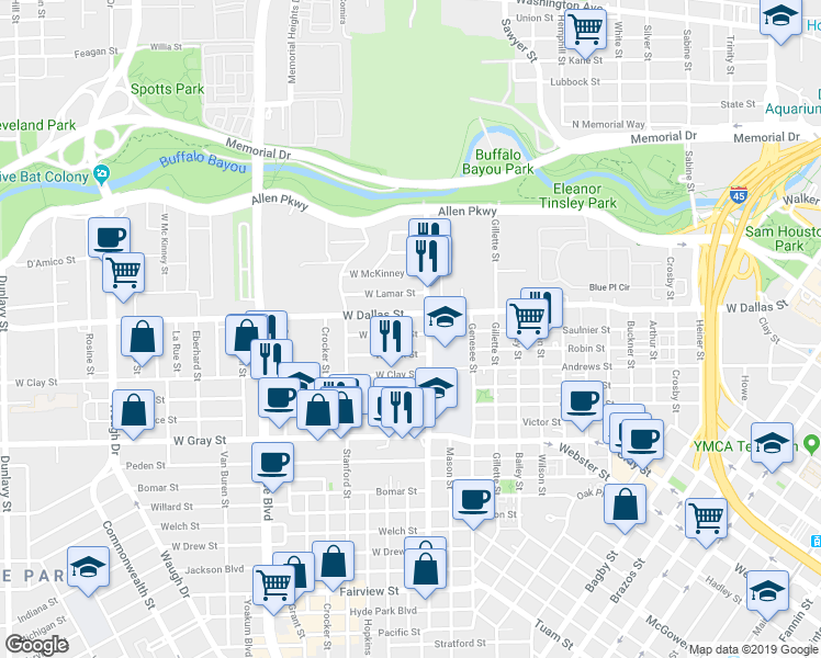 map of restaurants, bars, coffee shops, grocery stores, and more near 314 West Saulnier Street in Houston