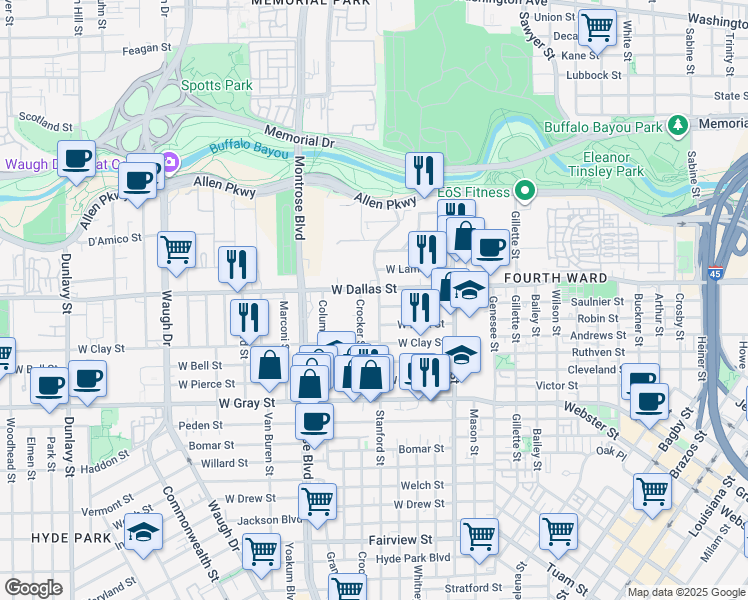 map of restaurants, bars, coffee shops, grocery stores, and more near 1013 Crocker Street in Houston