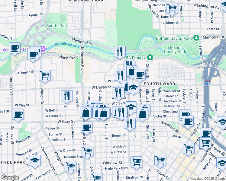 map of restaurants, bars, coffee shops, grocery stores, and more near 514 West Saulnier Street in Houston