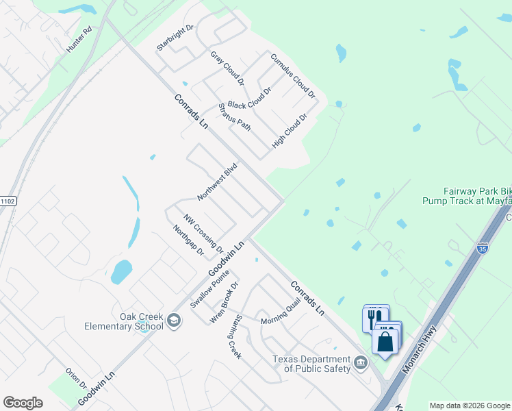 map of restaurants, bars, coffee shops, grocery stores, and more near 622 Crosspoint Drive in New Braunfels