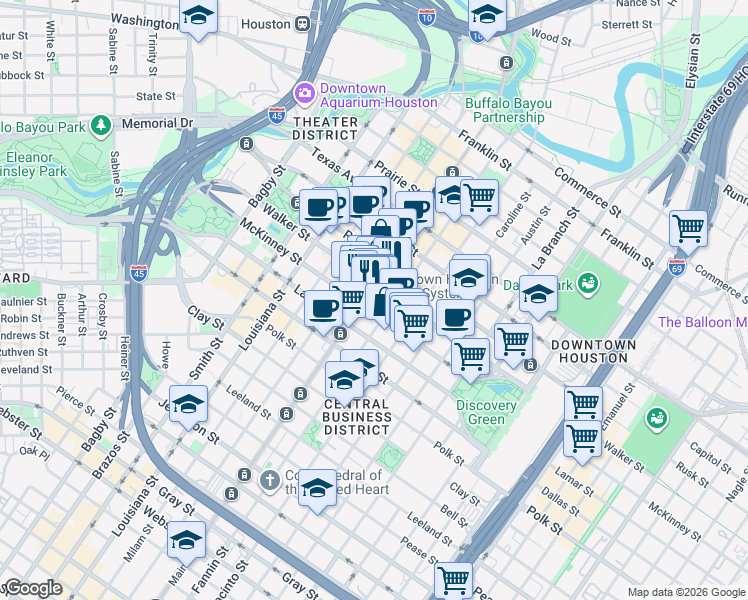 map of restaurants, bars, coffee shops, grocery stores, and more near 1001 McKinney Street in Houston