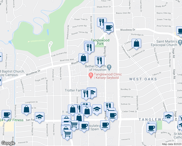 map of restaurants, bars, coffee shops, grocery stores, and more near 1075 Augusta Drive in Houston