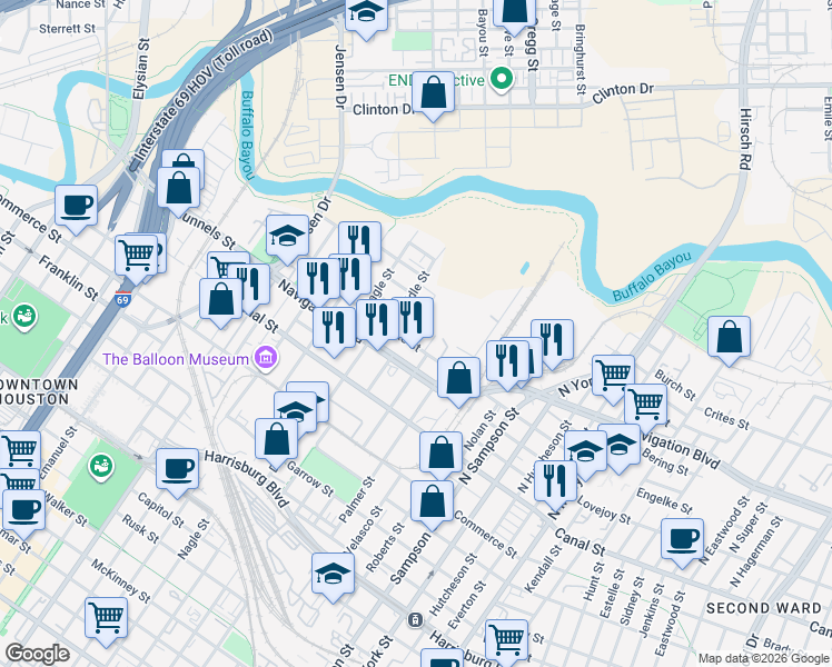 map of restaurants, bars, coffee shops, grocery stores, and more near 2903 Engelke Street in Houston