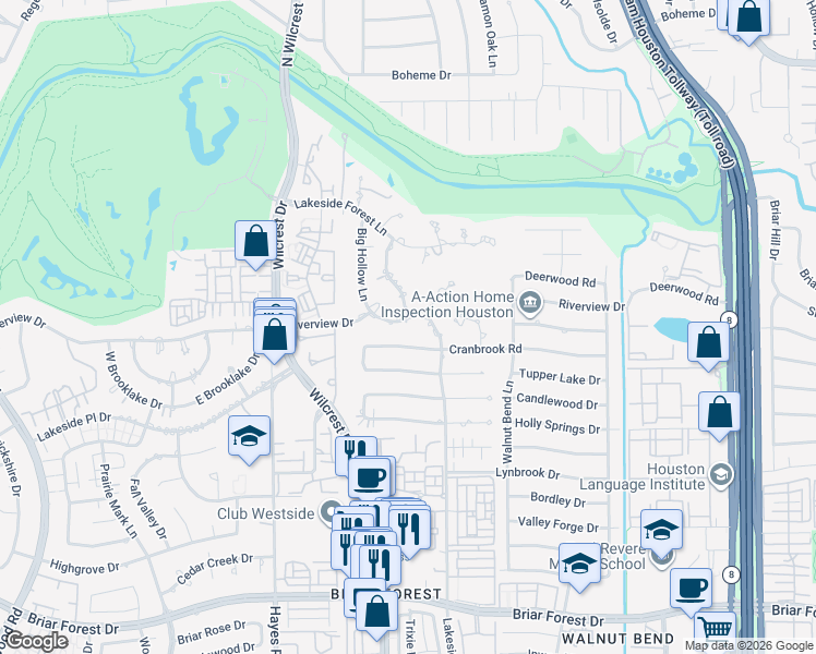 map of restaurants, bars, coffee shops, grocery stores, and more near 10911 Riverview Drive in Houston