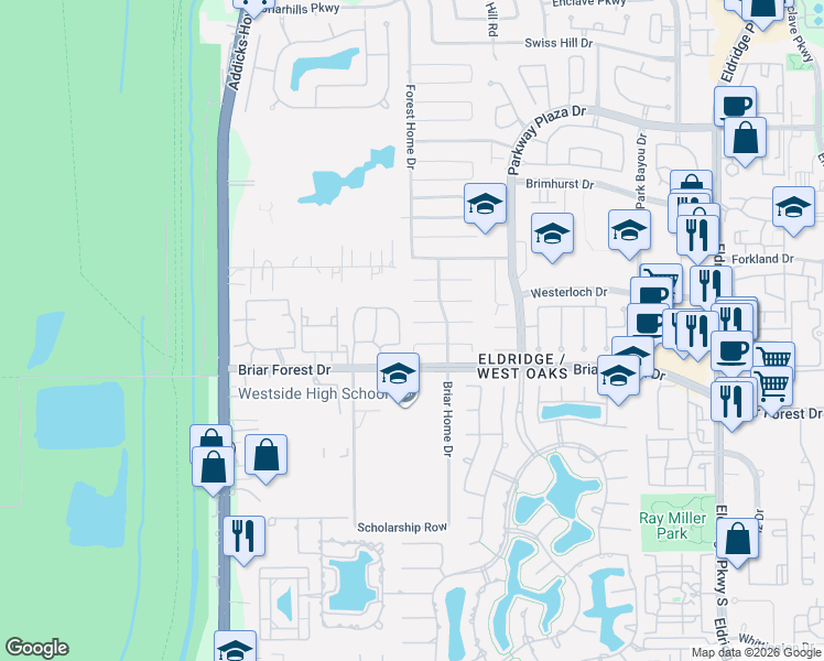 map of restaurants, bars, coffee shops, grocery stores, and more near 14218 Glasgow Place in Houston