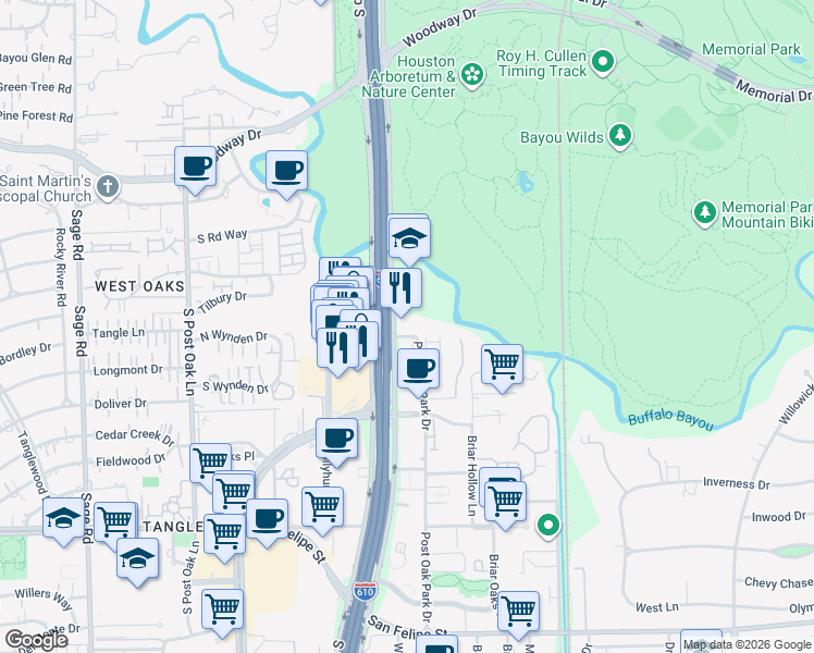 map of restaurants, bars, coffee shops, grocery stores, and more near 1177 West Loop South in Houston
