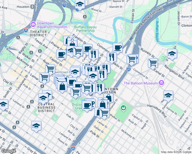 map of restaurants, bars, coffee shops, grocery stores, and more near 501 Crawford Street in Houston