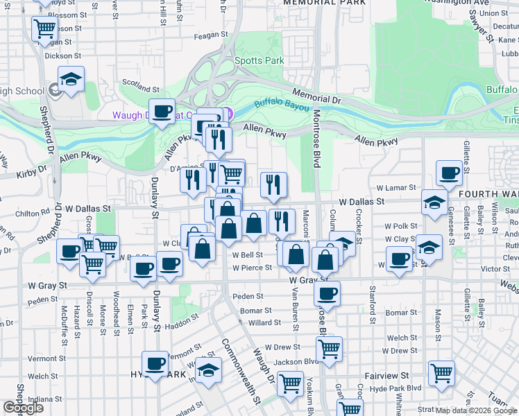 map of restaurants, bars, coffee shops, grocery stores, and more near 1001-1015 La Rue Street in Houston